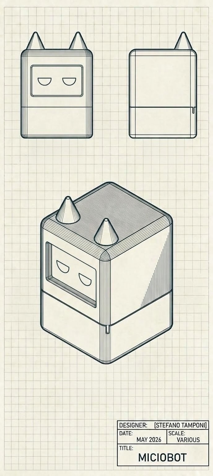 Miciobot blueprint showing front, rear, and perspective views